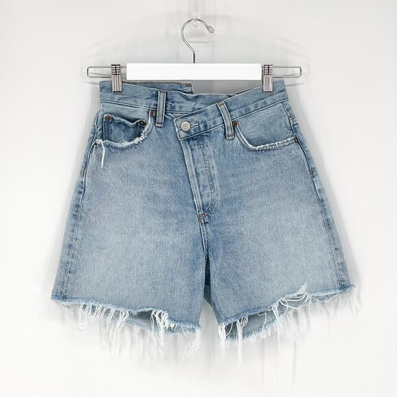 AGOLDE Criss Cross High Rise Denim Shorts Symbol Distressed Light Wash Size 24 - Picture 2 of 5